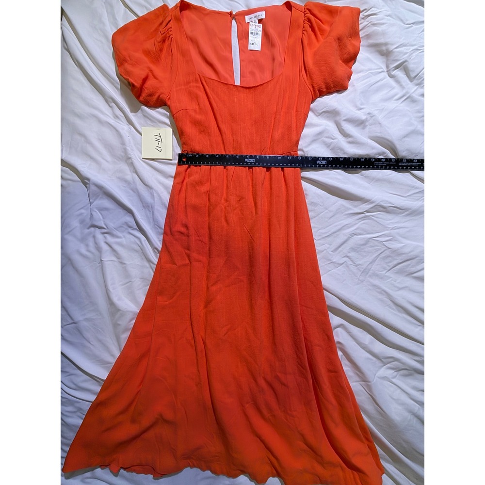 Endless Blu Orange Puff Sleeve Square Neck Midi Dress 5D3753 Small NWT T11-17